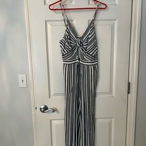 2/$40 AEO jump suit with chest cutout navy blue white stripes midi wide leg